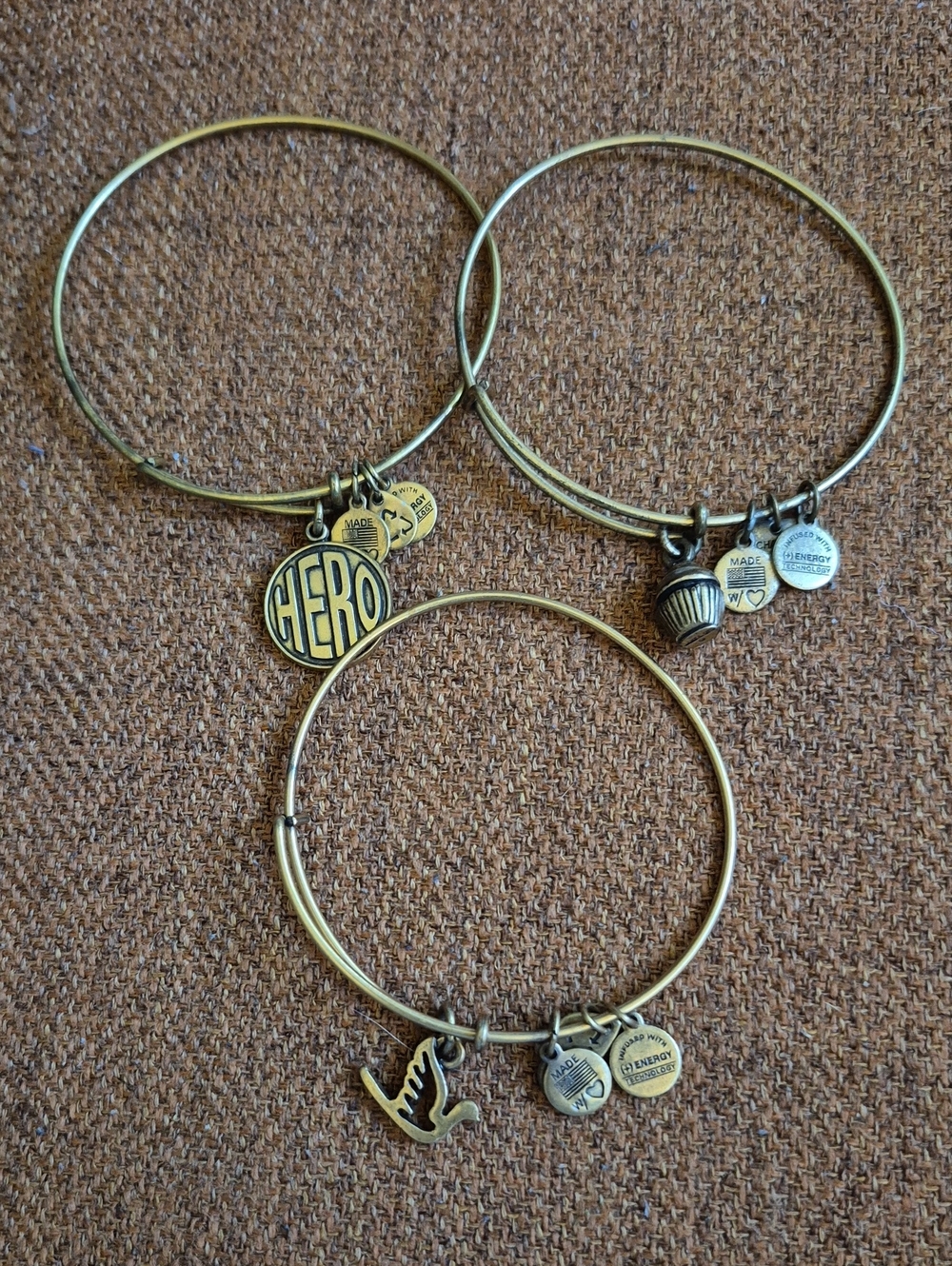 Alex And Ani Inspirational Charm Bracelet Lot - Dove, Hero & Cupcake Designs